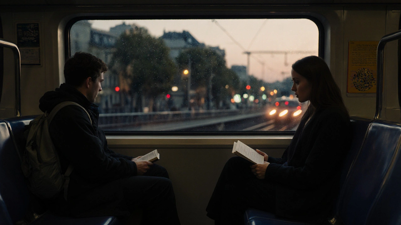 Deux passagers dans un train de banlieue à Paris, se regardant brièvement dans le reflet de la fenêtre au crépuscule.