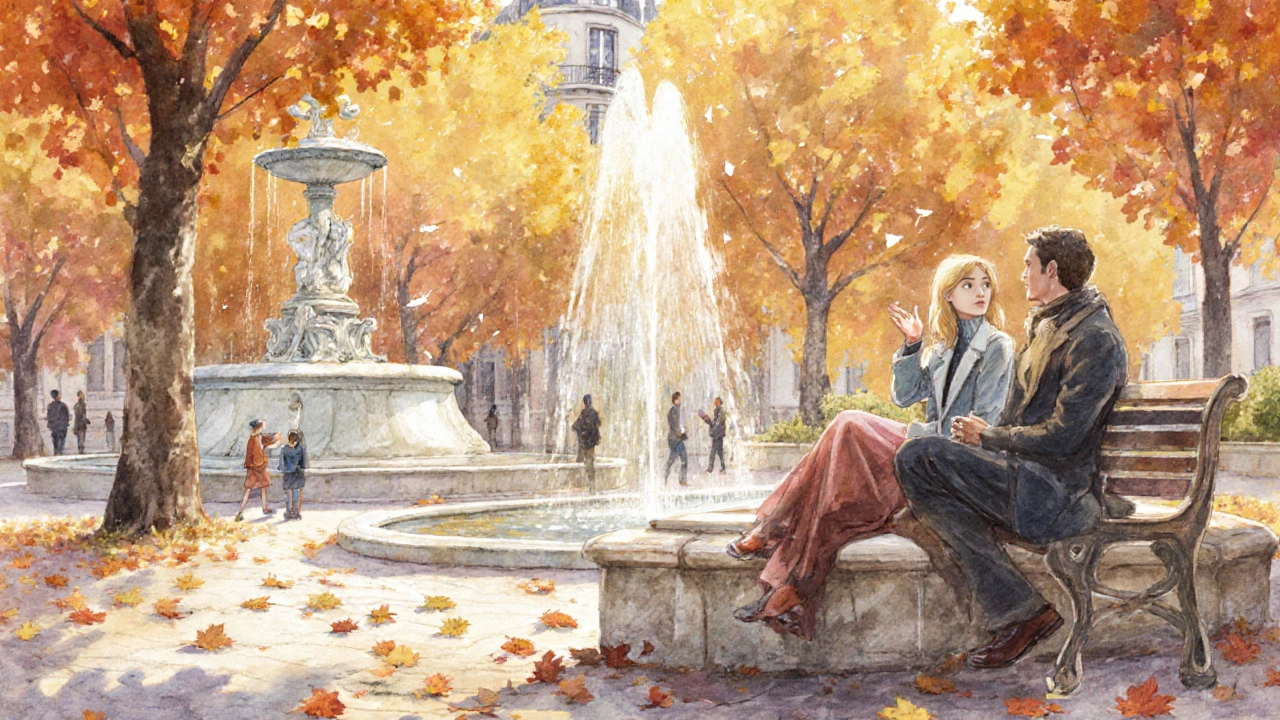 Deux personnes assises sur un banc près d&#039;une fontaine à Montmartre, dans une atmosphère de présence sincère et de douceur.