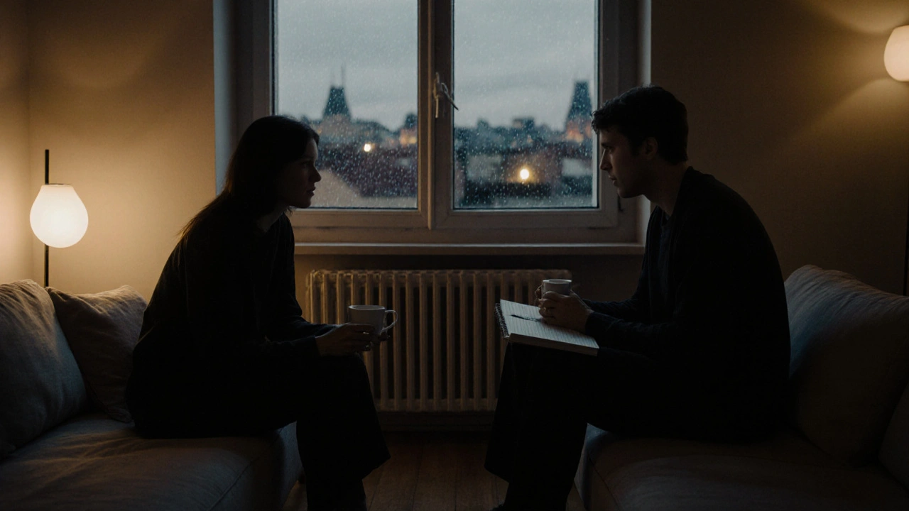 Deux personnes en conversation profonde dans un salon moderne à Lyon, sans écran, dans une atmosphère calme.