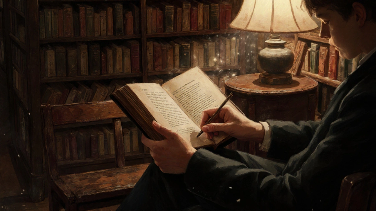 Deux personnes lisent un livre ancien ensemble dans un coin calme de la librairie Shakespeare and Company.