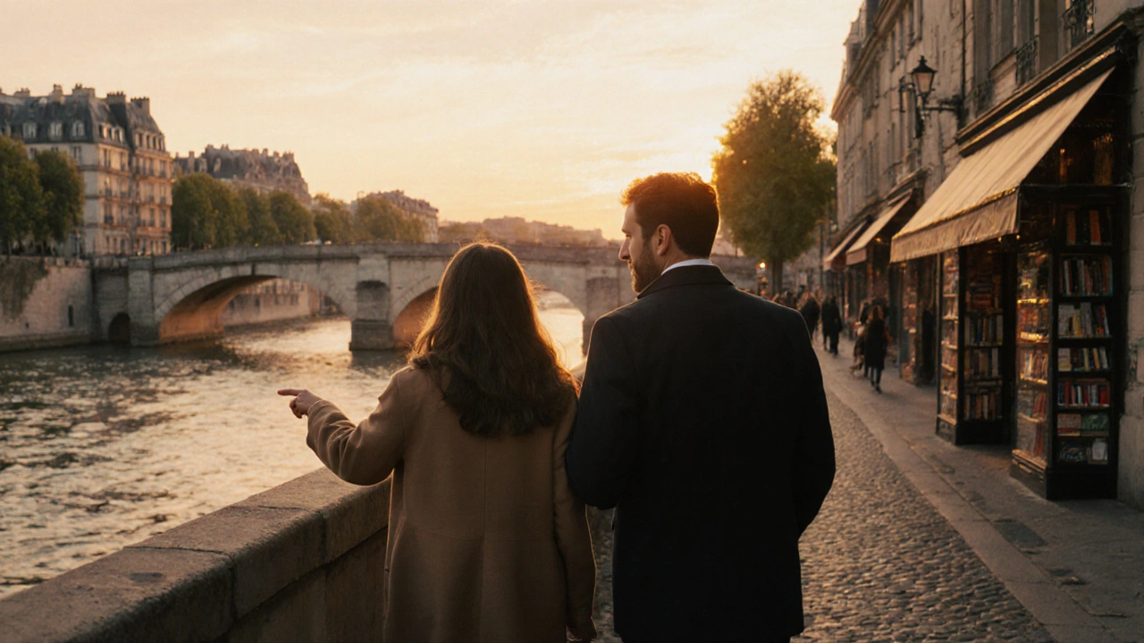 Deux personnes marchent côte à côte le long de la Seine au coucher du soleil, en connexion silencieuse.