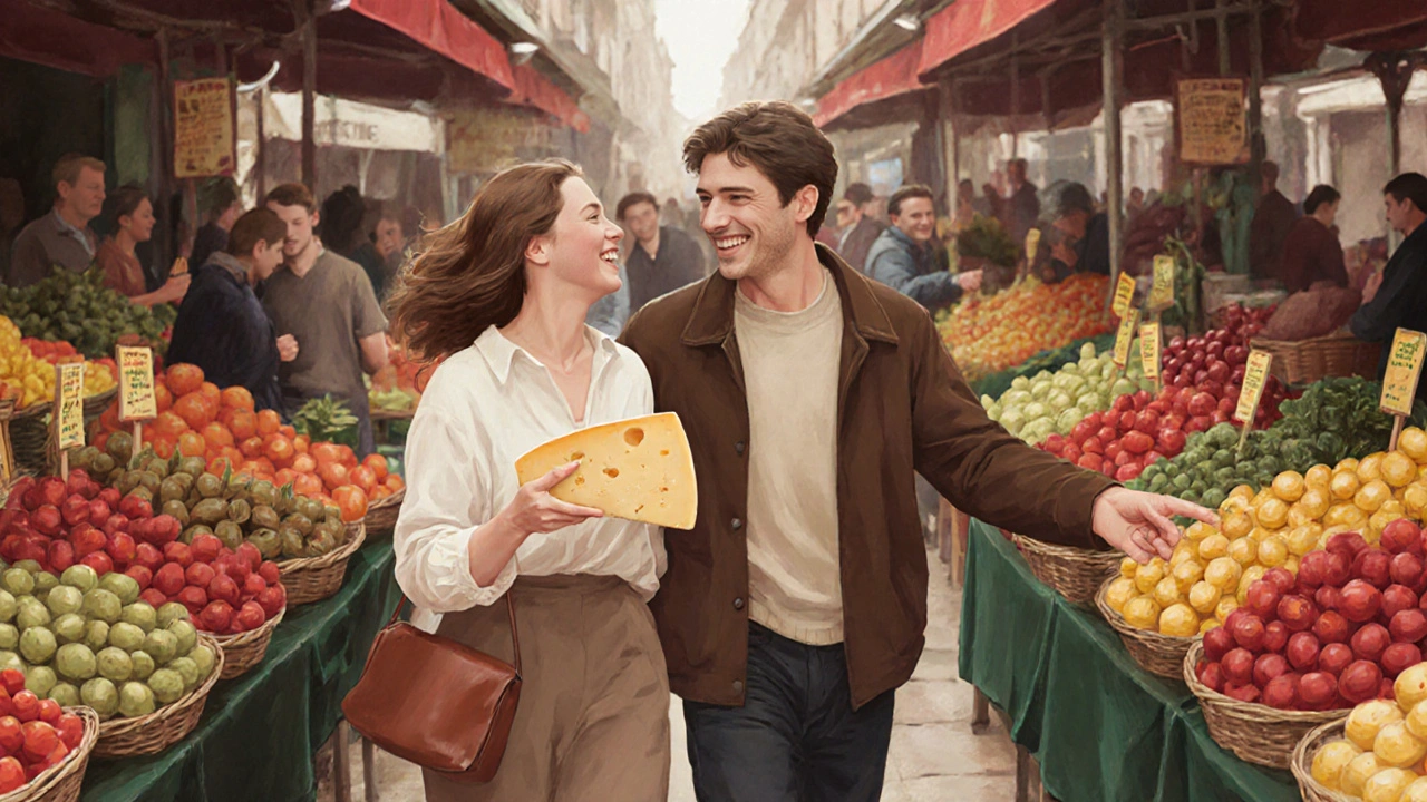 Deux personnes marchent ensemble dans un marché couvert parisien, partageant un fromage.