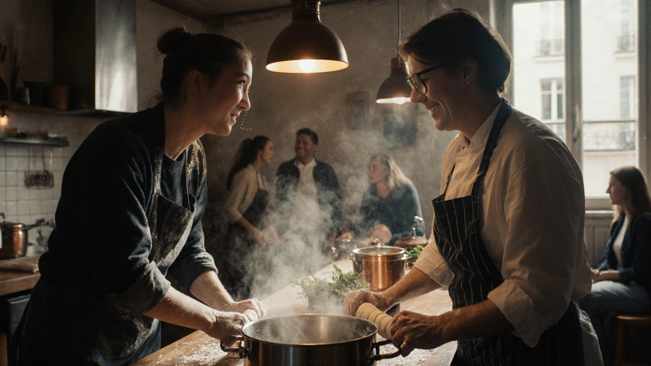 Deux personnes rient en préparant des pâtes dans un atelier de cuisine, farine sur les mains et ustensiles en bois.