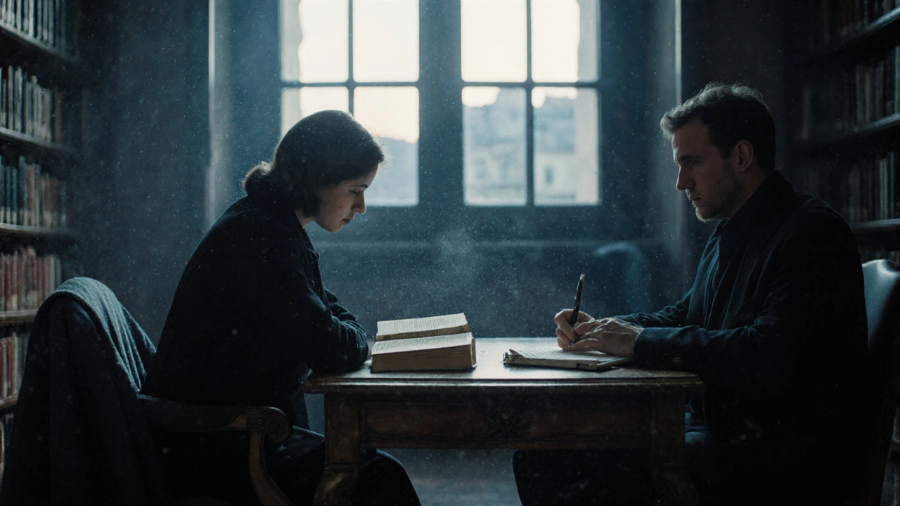 Deux personnes silencieuses dans la bibliothèque de l&#039;Arsenal, partageant un moment de calme.