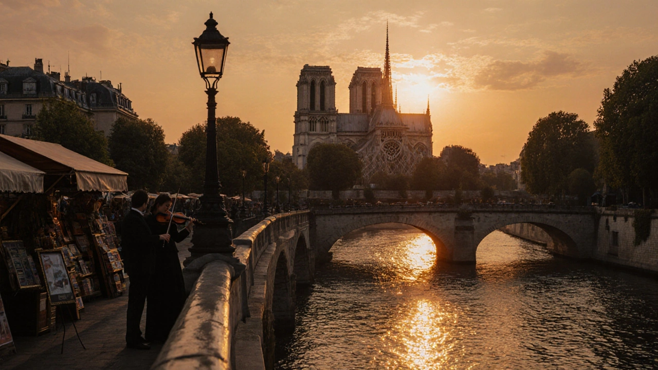 Deux personnes sur le pont Neuf, silhouettées contre la lumière dorée de la Seine et les vitraux de Notre-Dame.