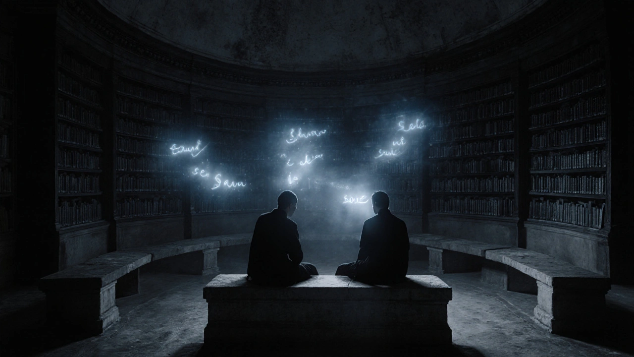 Deux silhouettes dans une salle souterraine où des murmures lumineux flottent dans l'air sombre.