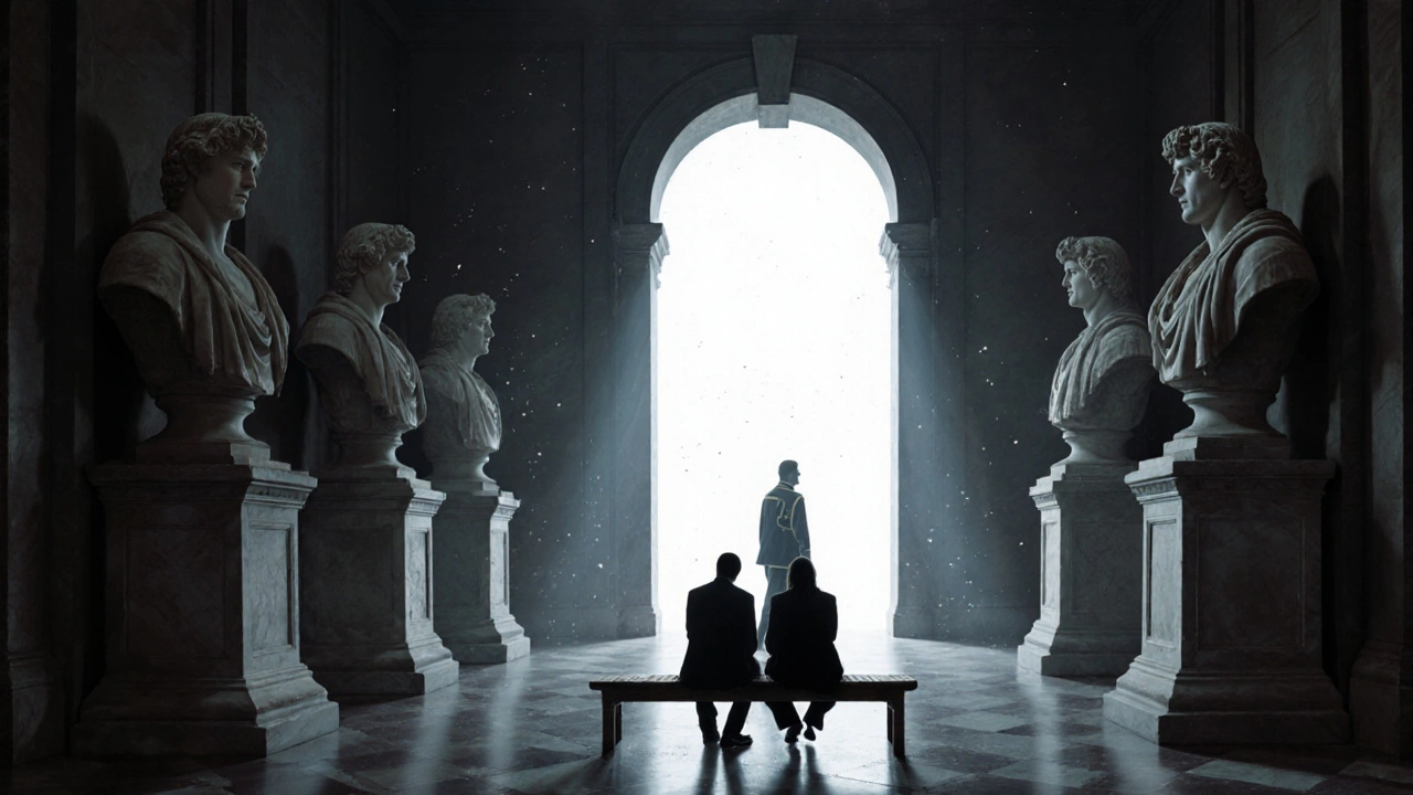 Deux silhouettes sur un banc dans la salle des bustes du musée Rodin, entourées de sculptures de marbre sous une lumière tamisée.