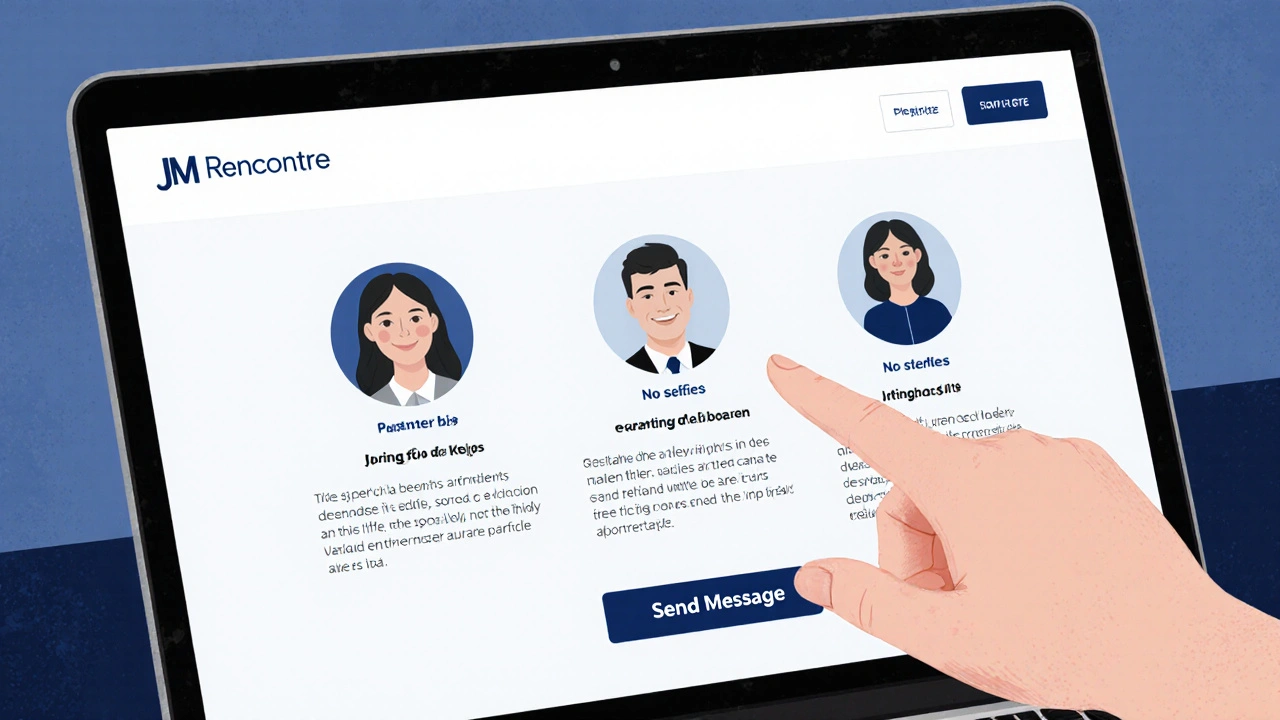 Écran d&#039;un site de rencontre spécialisé : trois profils détaillés avec biographies sérieuses, pas de photos superficielles.