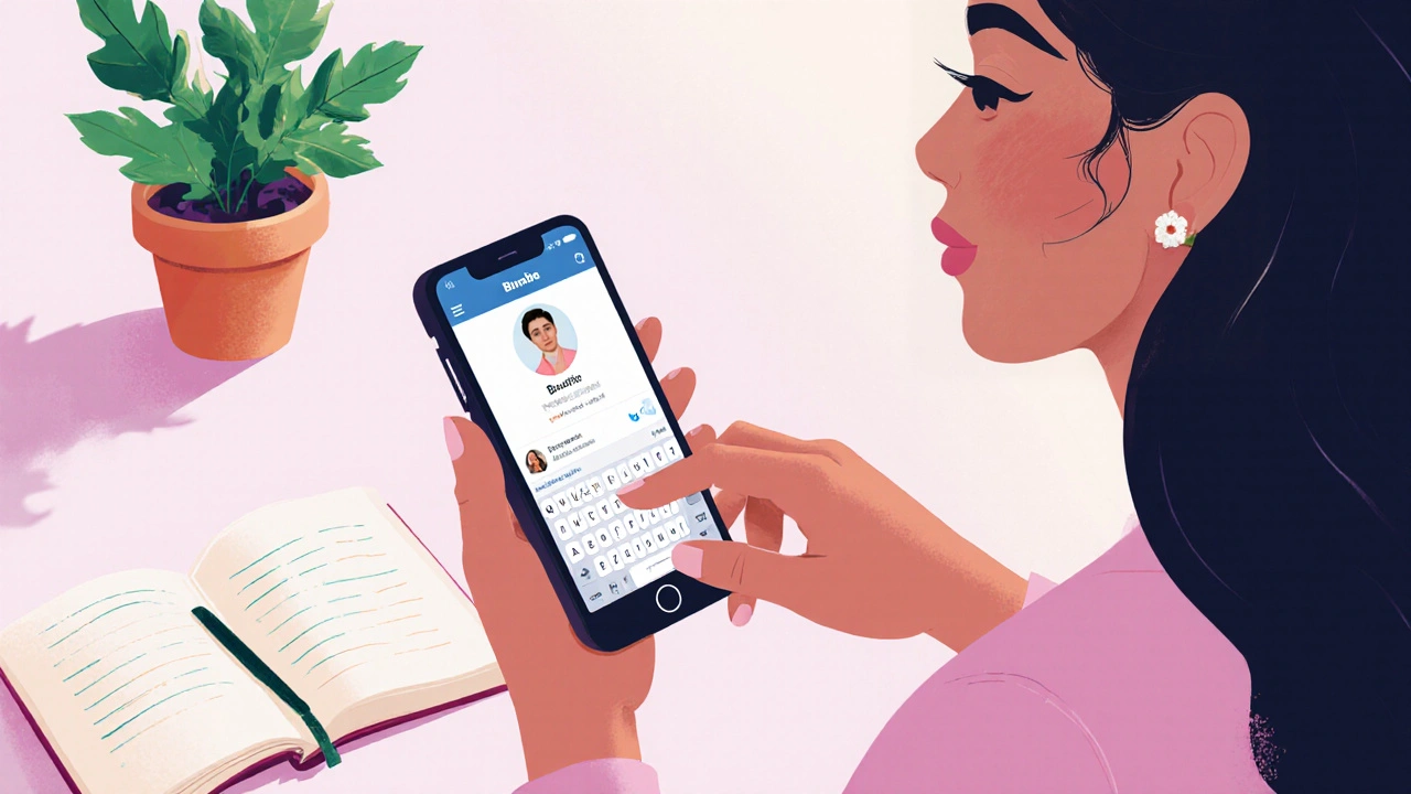 Femme en train d&#039;écrire un message sur Bumble, calme et concentrée, avec un journal et une plante.