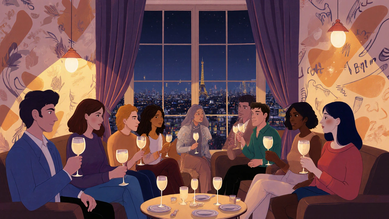 Groupe d&#039;adultes et de couples en soirée intime dans un loft, dans une atmosphère chaleureuse et respectueuse.