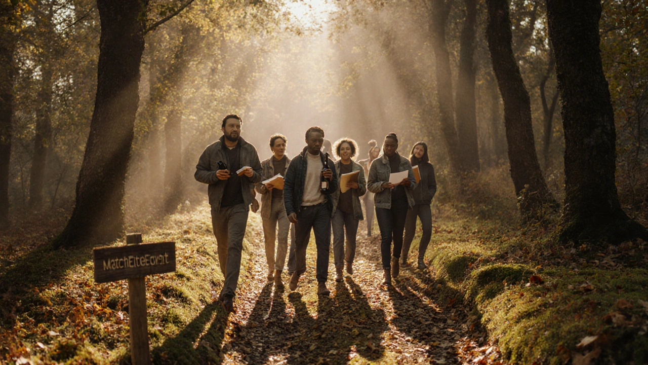 Groupe d&#039;adultes marchant ensemble dans une forêt automnale en Bourgogne.
