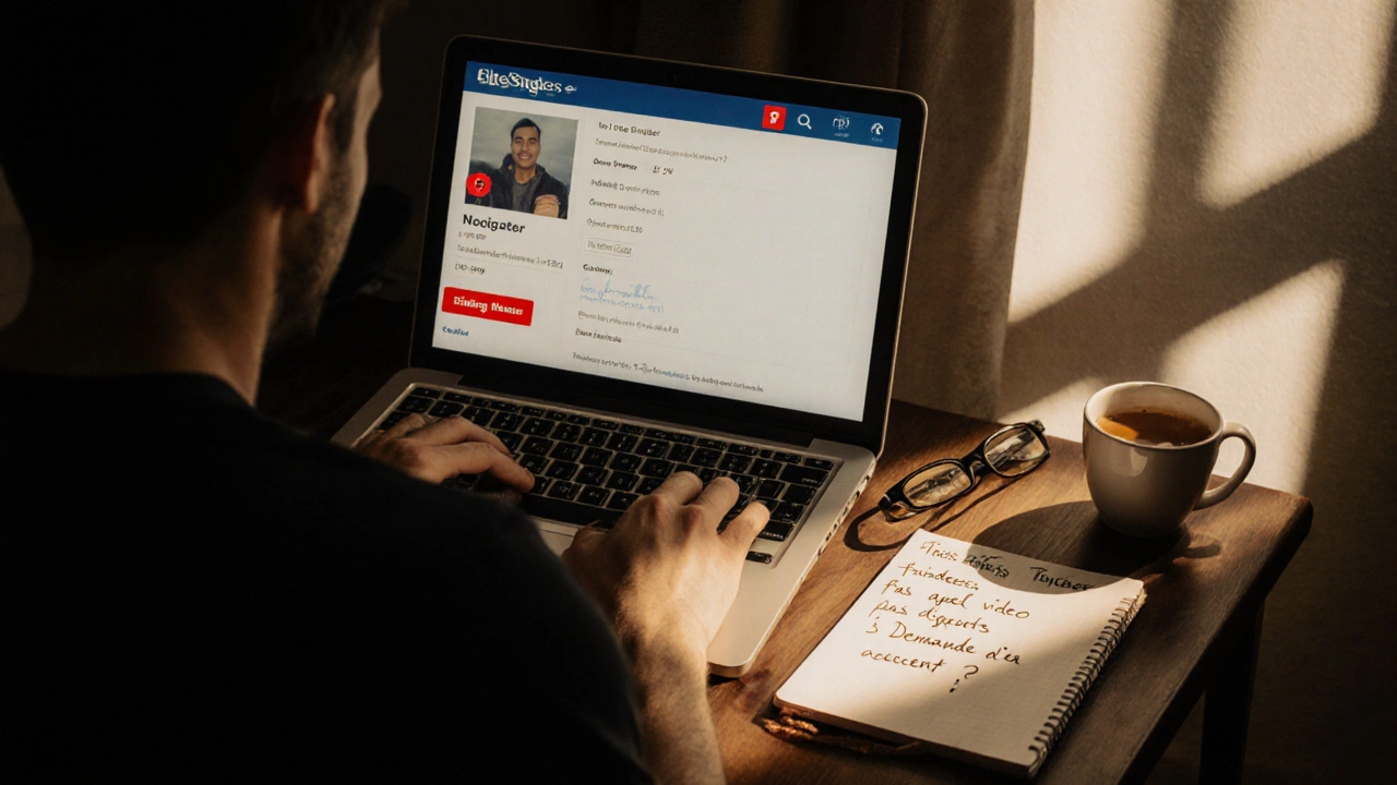 Homme signalant un profil frauduleux sur Elite Singles, avec des notes manuscrites et un café à côté de son ordinateur à Toulouse.