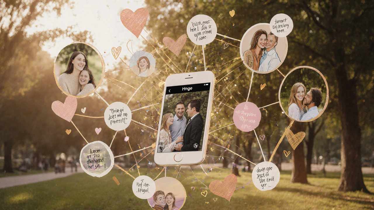 Interface Hinge se transformant en un réseau de portraits et de cœurs, symbolisant des relations authentiques.