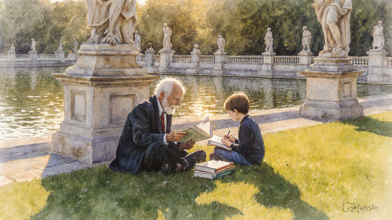 Jardin du Luxembourg à 17h, un homme lit à voix haute à un enfant près du bassin, sous la lumière dorée du coucher de soleil.