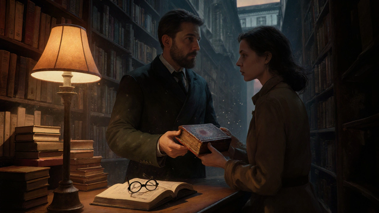 Librairie des Halles, un libraire tend un livre ancien à un client, la lumière du soir éclaire les étagères de livres d&#039;occasion.