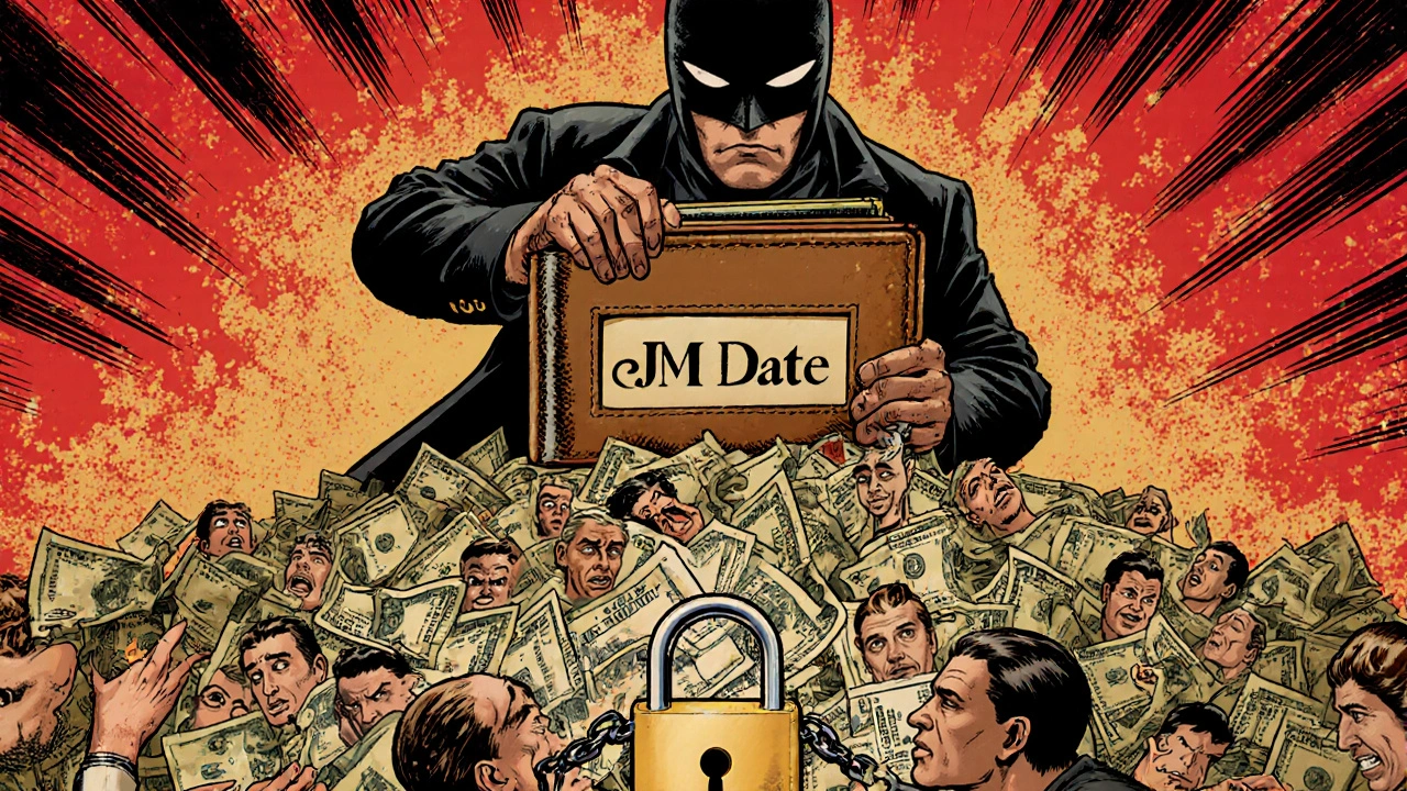 Personnage masqué tenant un portefeuille rempli d&#039;argent, au-dessus de profils falsifiés, tandis que des utilisateurs tentent d&#039;atteindre un bouton verrouillé.