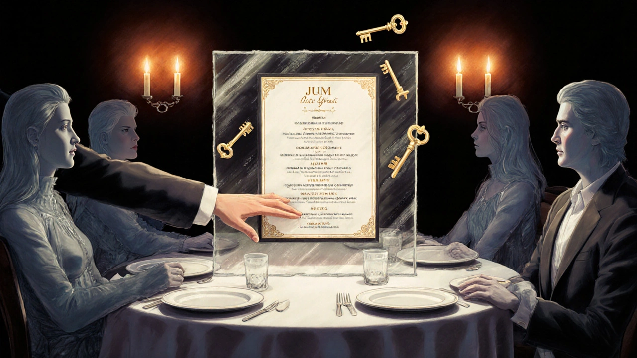 Restaurant luxueux où des convives sont bloqués par un mur transparent, un menu affiche &#039;Gratuit&#039; mais l&#039;accès est impossible.