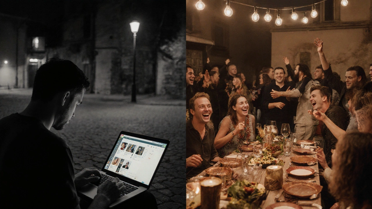 Scène divisée : isolement en province vs connexion lors d&#039;un événement Jdate à Lyon.