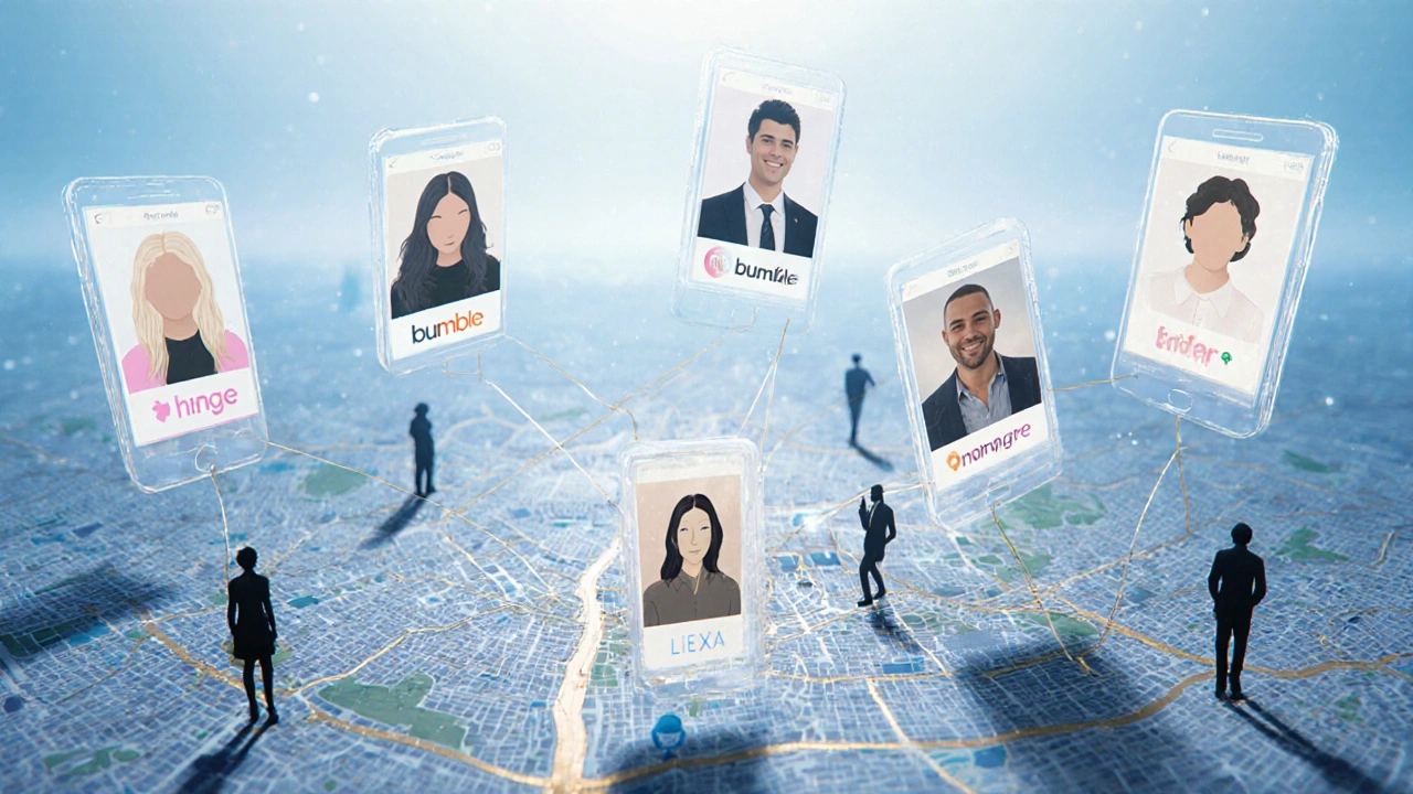 Sept applications de rencontre flottent au-dessus de Paris, reliées par des fils dorés aux lieux emblématiques où elles sont utilisées.