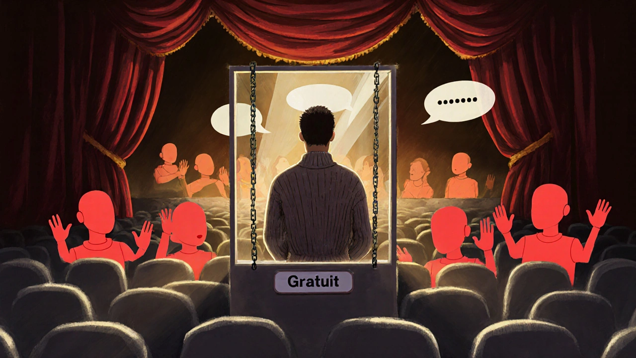 Spectateur isolé derrière un mur de verre dans un théâtre rempli de profils fictifs qui parlent.