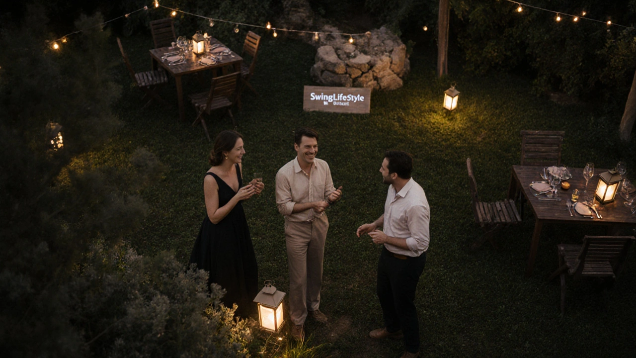 Trois couples échangant dans un jardin français lors d&#039;un événement libertin discret.
