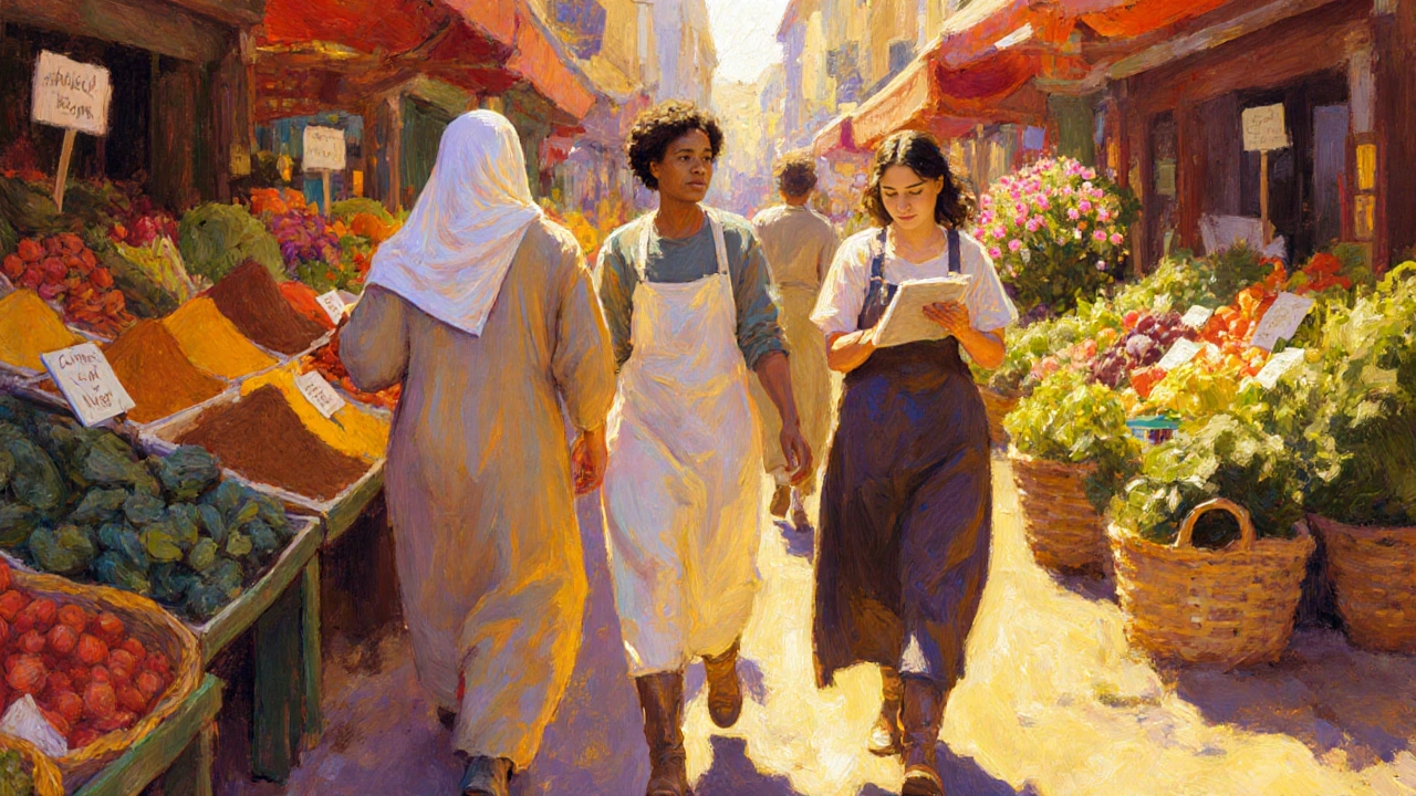 Trois femmes de milieux différents marchant ensemble dans un marché français coloré.