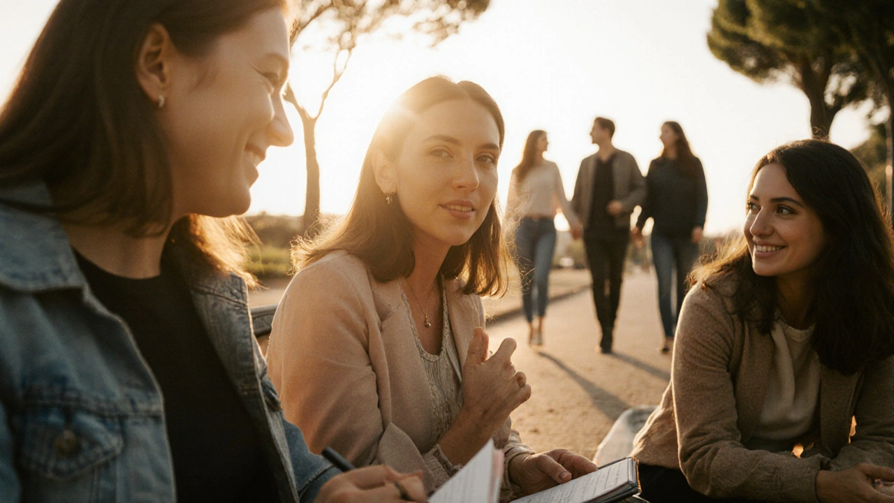 Trois femmes se retrouvent sur un banc de parc, échangeant en toute confiance, dans un cadre apaisant et naturel.