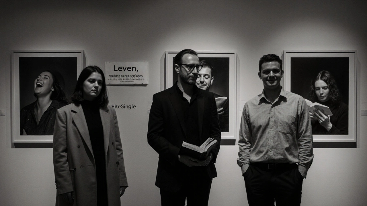 Trois personnes élégantes dans une galerie, entourées de portraits émotionnels, symbolisant des connexions authentiques.