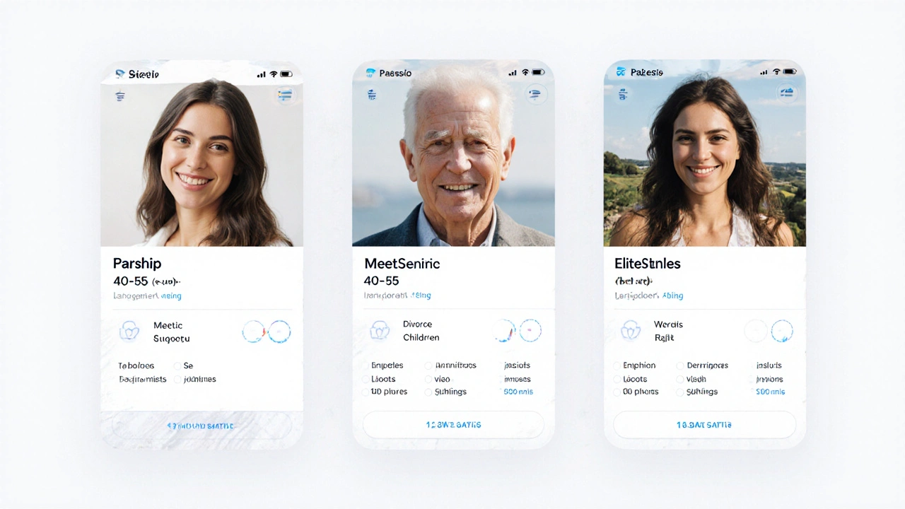 Trois profils de rencontre vérifiés pour les 40-55 ans, avec filtres de valeurs et photos réalistes.