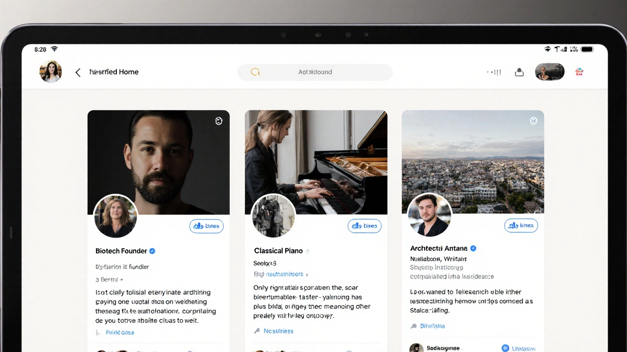 Trois profils vérifiés sur une interface numérique minimaliste, montrant des personnes aux parcours profonds et authentiques.