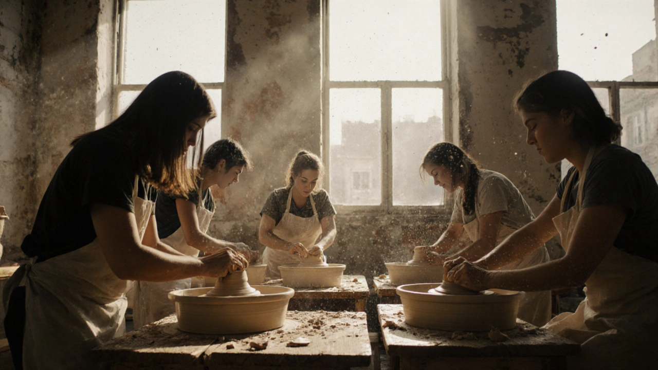 Un atelier de poterie à Belleville, des participants rient après qu&#039;une cruche est tombée.