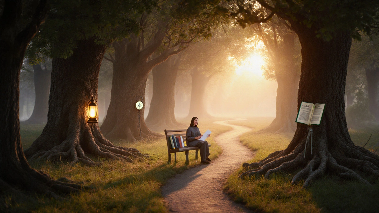 Un chemin de forêt avec trois sentiers symbolisant les sites de rencontre sérieux pour les adultes matures.
