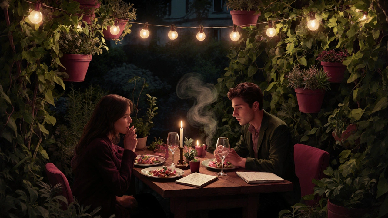 Un couple dîne dans un jardin suspendu à Paris, entouré de plantes et de lumières douces.
