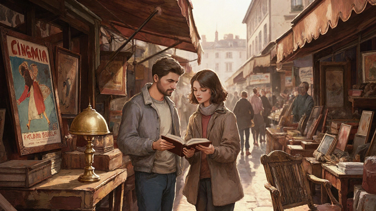 Un couple examine des objets vintage dans un marché aux puces, entouré de lampes, affiches et meubles anciens.