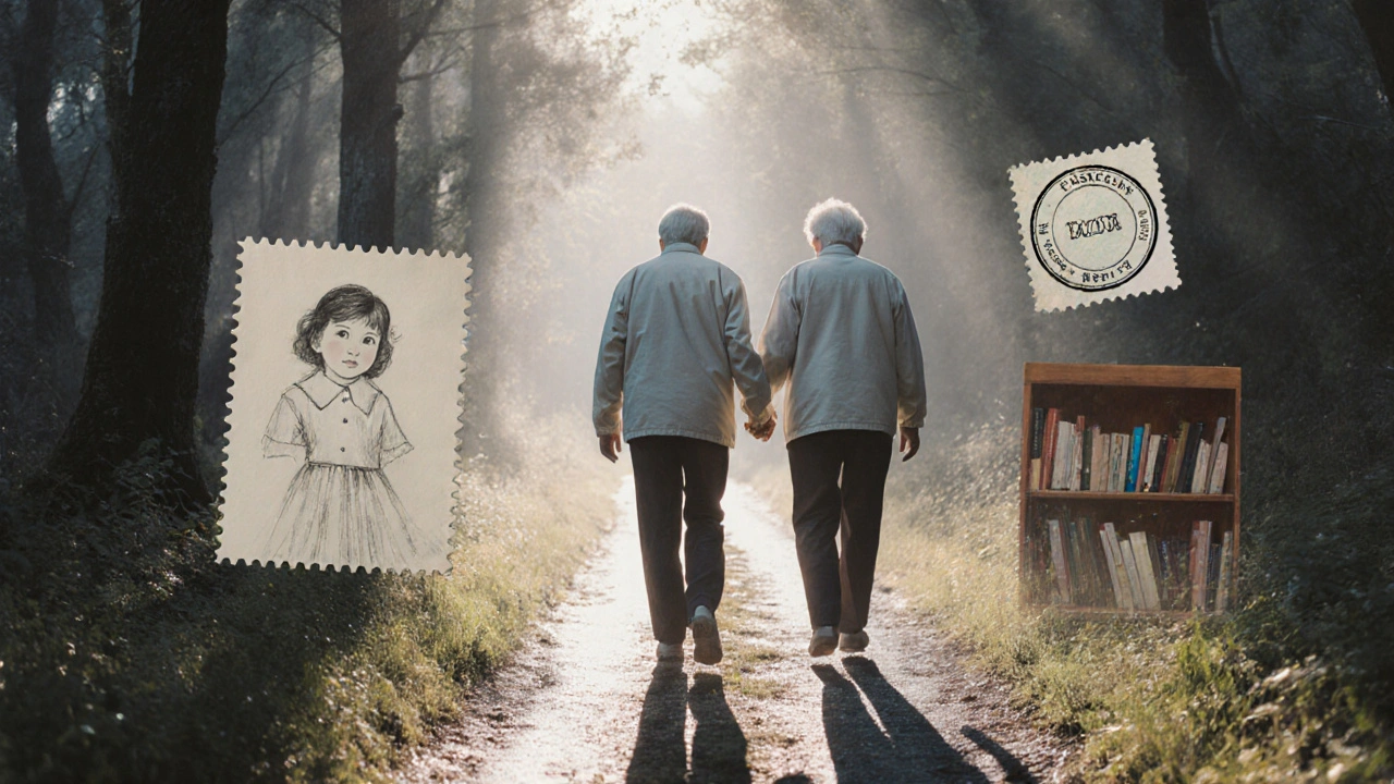 Un couple marche main dans la main dans une forêt au lever du jour, symbole de renaissance après des épreuves passées.