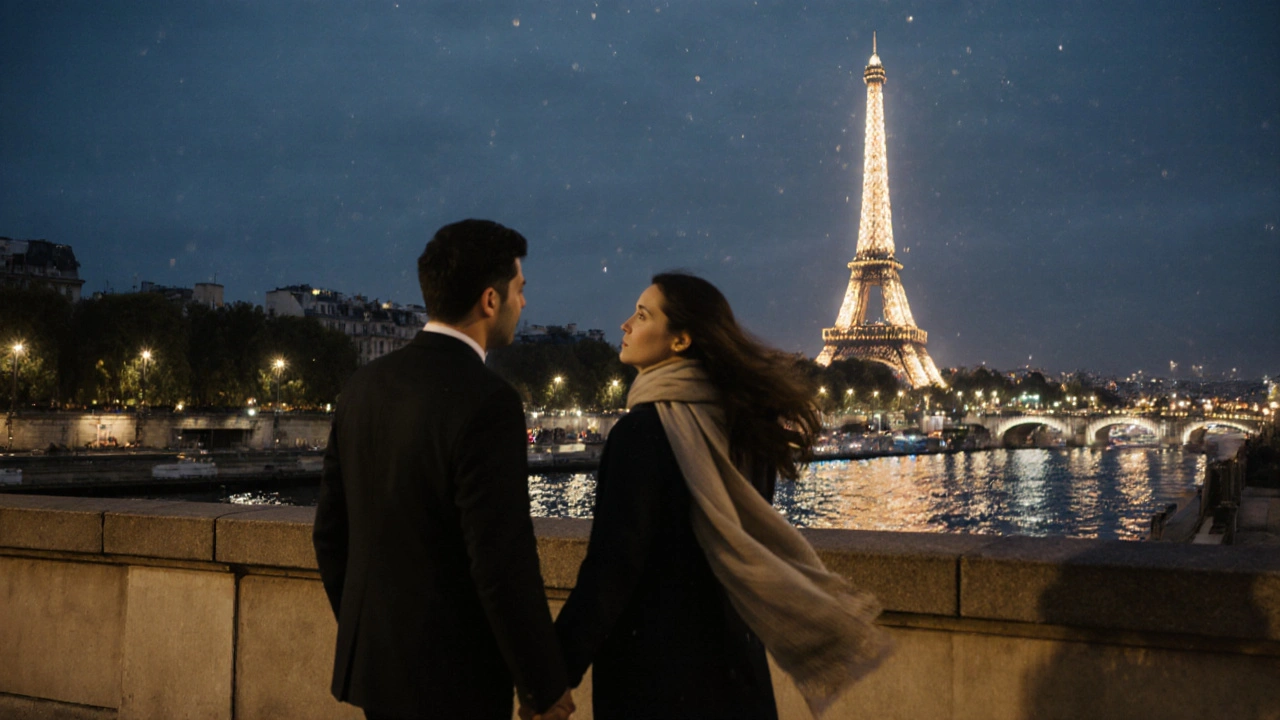 Un couple marche main dans la main sur le pont de Bir-Hakeim, la Tour Eiffel scintille en arrière-plan.