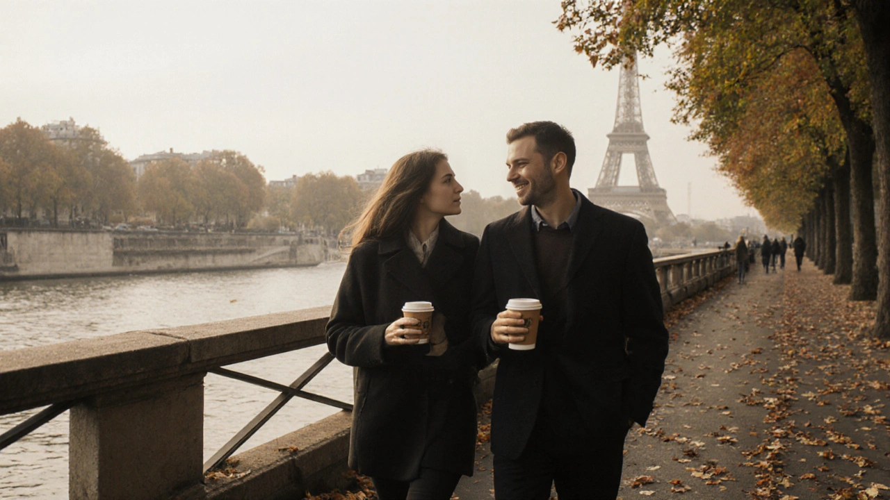 Un couple se promène le long de la Seine au lever du jour, avec des cafés à emporter et des feuilles d&#039;automne qui tombent.