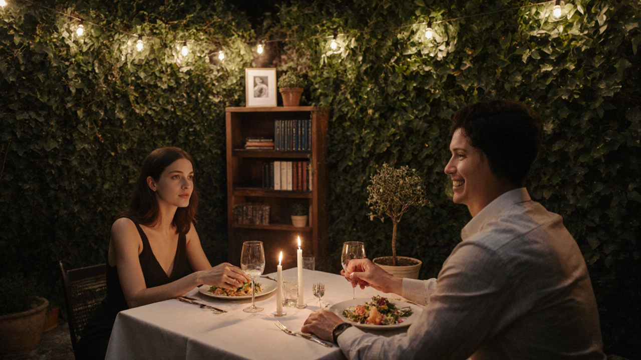 Un dîner intime dans un jardin genevois, où un couple partage un moment sincère sous les lumières.