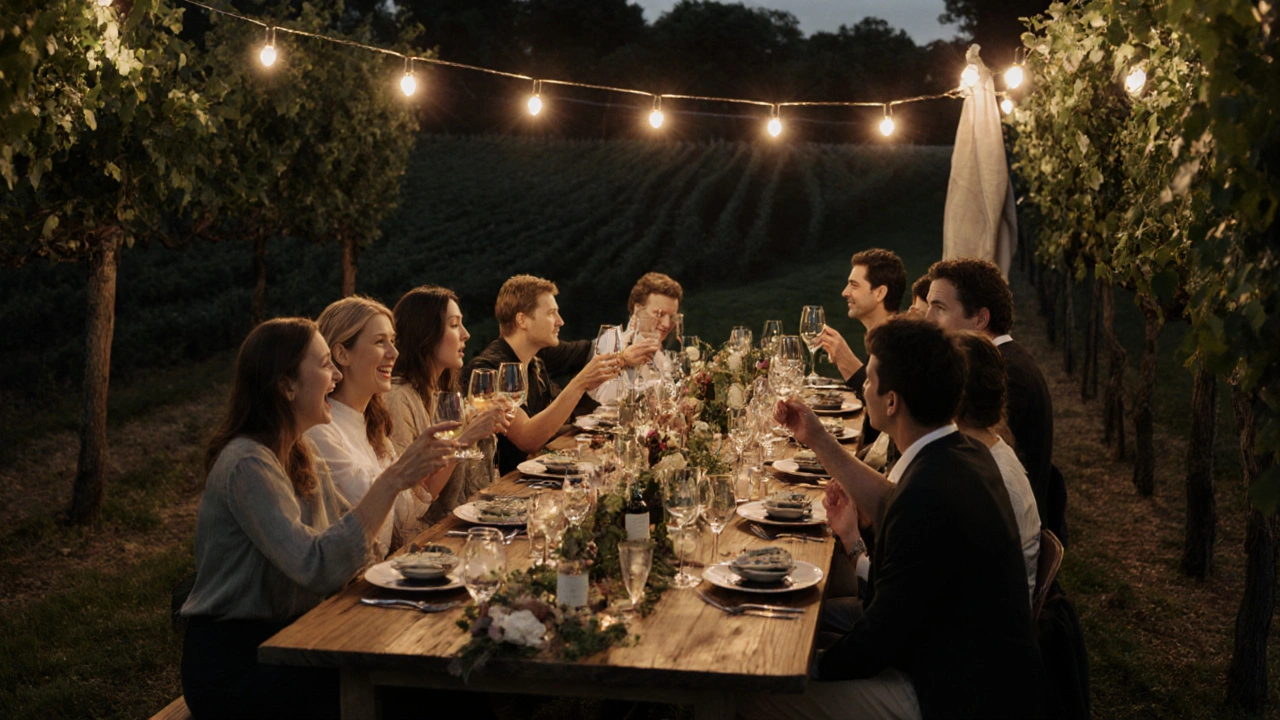 Un dîner intimiste dans une cave privée, avec des invités partageant un repas raffiné sous des lumières douces.