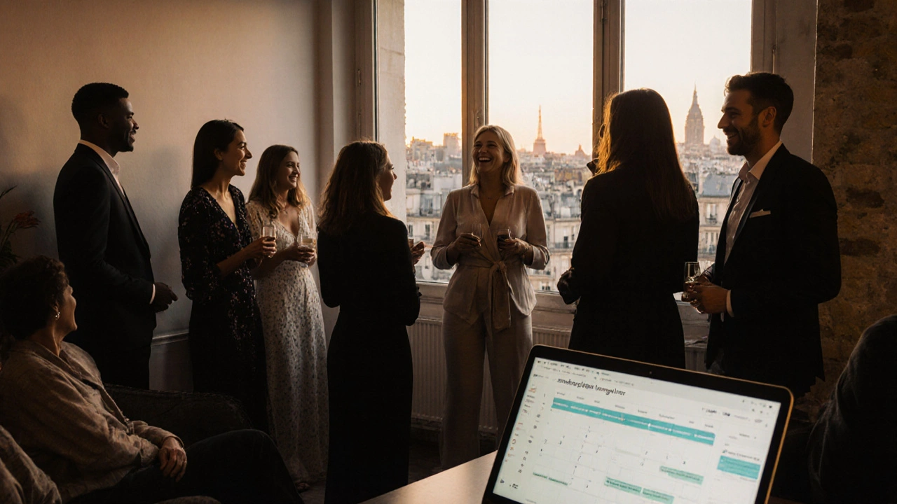Un groupe diversifié d&#039;adultes discute joyeusement lors d&#039;une soirée libertine dans un loft parisien.