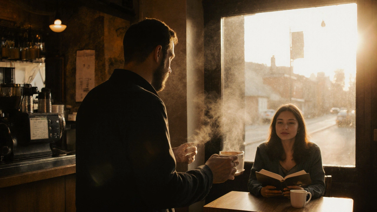 Un homme commande un café dans un café calme, une femme assise près de la fenêtre.