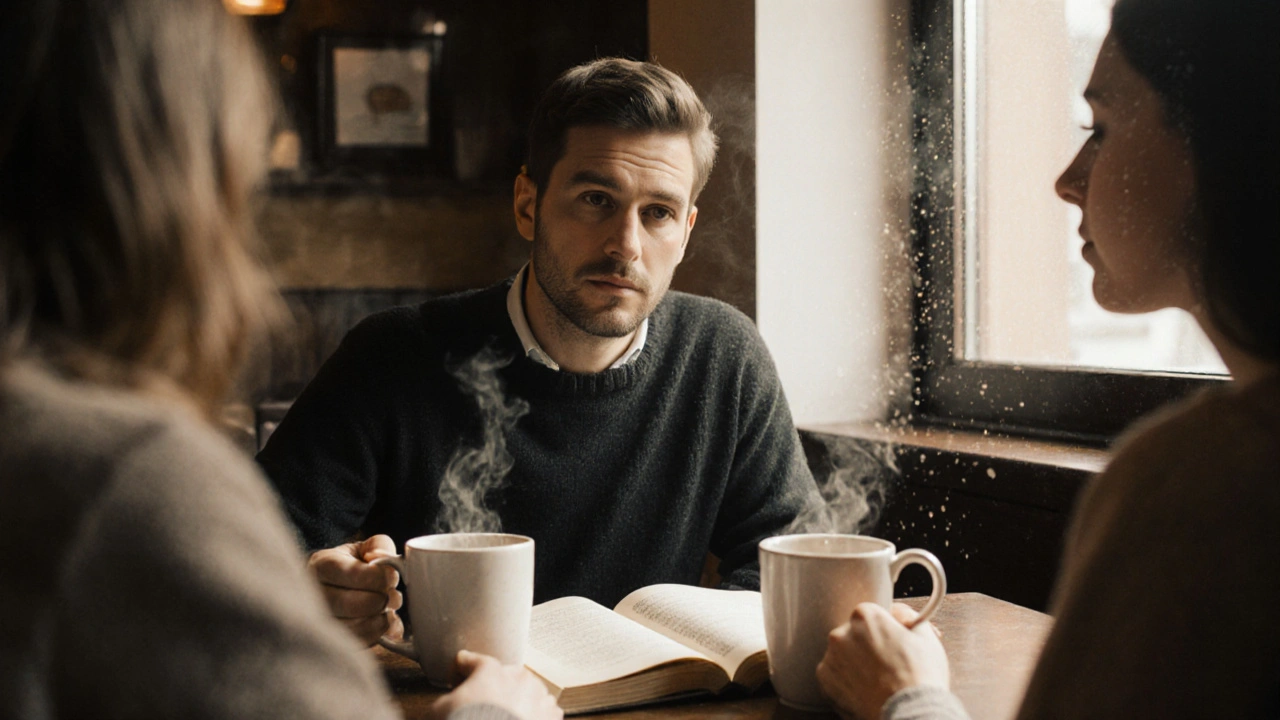 Un homme et une femme échangent un regard sincère dans un café, sans parole, dans une atmosphère chaleureuse.