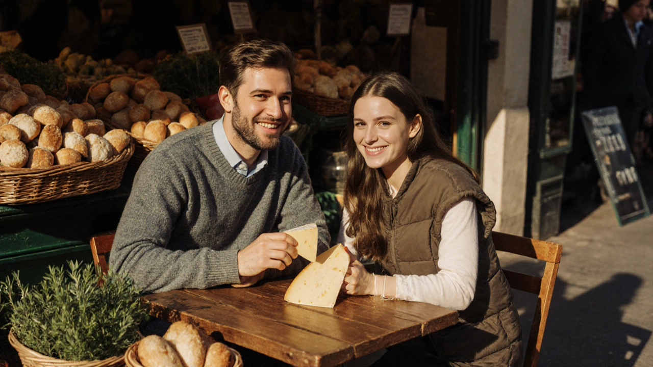 Un homme et une femme échangent un sourire près d’un étal de fromage dans un marché local.