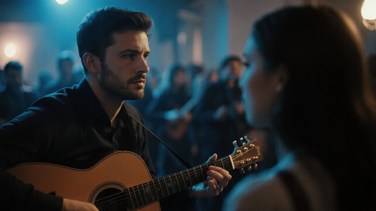 Un homme et une femme se regardent dans une salle de concert acoustique, l&#039;ambiance est douce et intime.