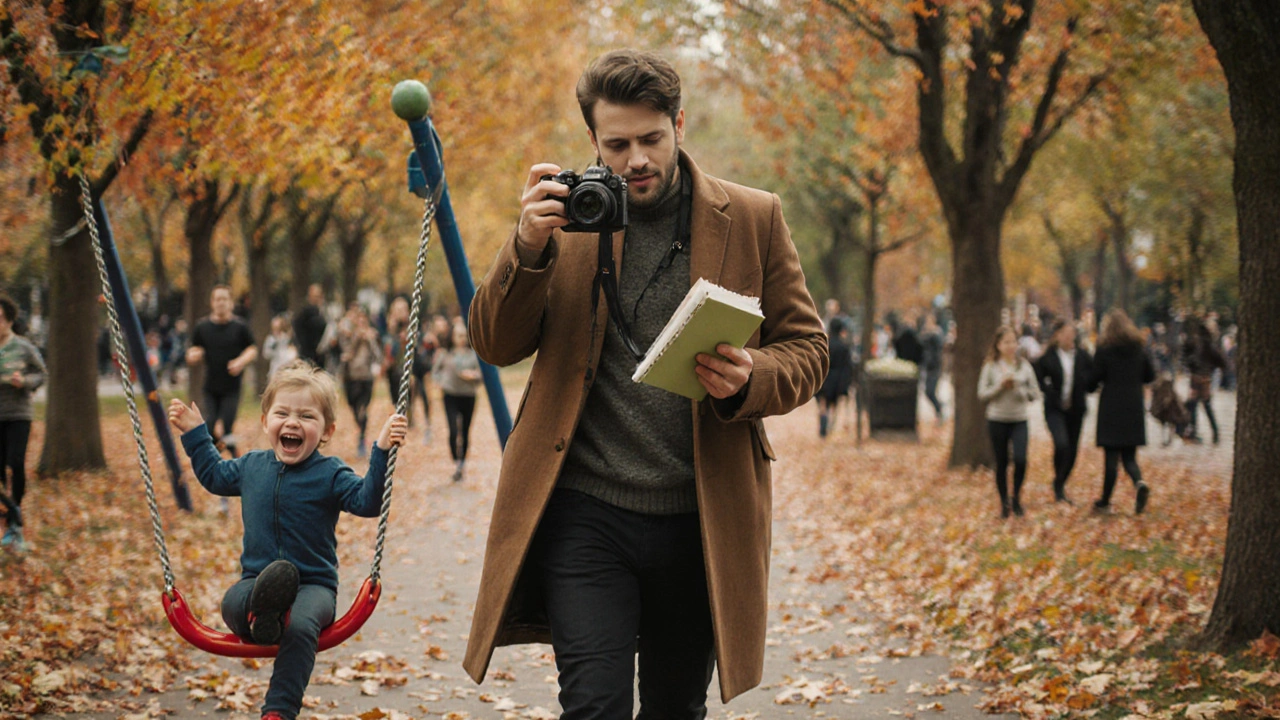 Un homme photographie un enfant dans un parc automnal, posture ouverte, entouré de vie quotidienne.