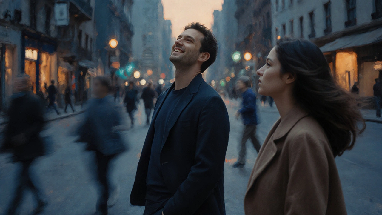 Un homme regarde une femme passer dans la rue, souriant doucement, sans insistance, à la tombée de la nuit.