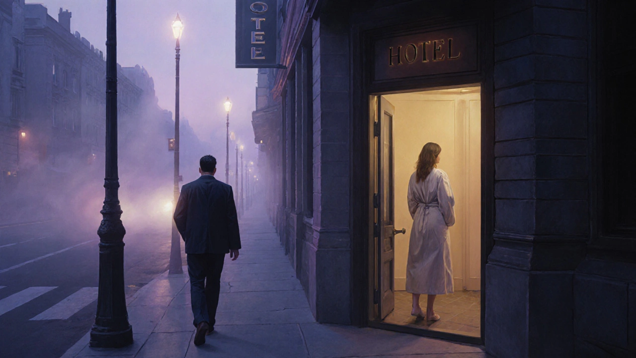 Un homme s&#039;éloignant d&#039;une porte d&#039;hôtel au lever du jour, une femme derrière lui.