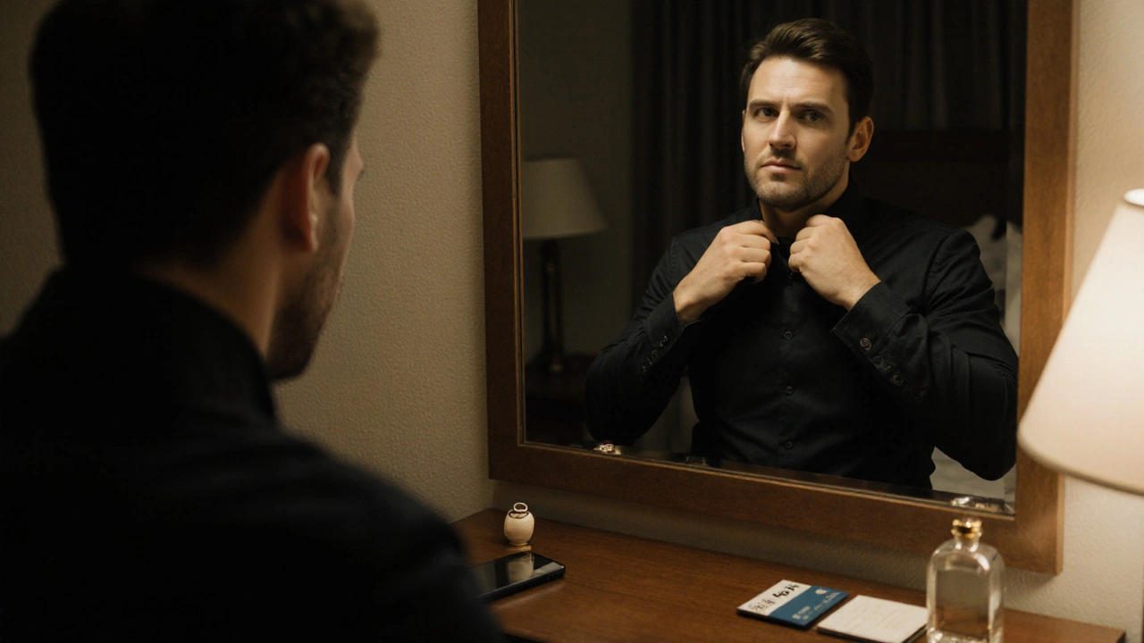 Un homme se regarde dans un miroir, portant un nouveau parfum, une bague de mariage à côté.