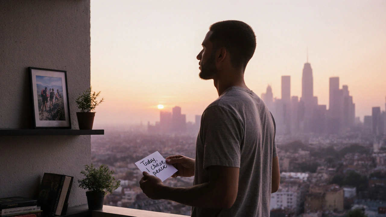 Un homme sur un balcon au coucher du soleil, regard paisible, sans téléphone, en pleine présence.