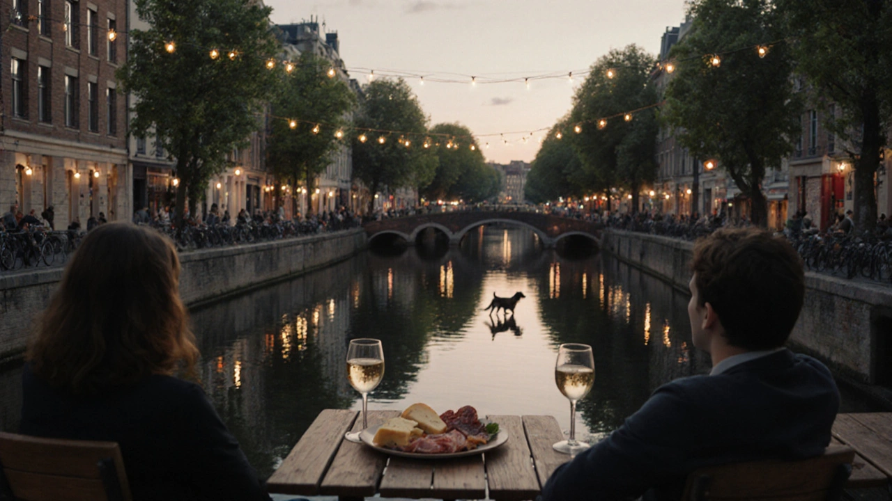 Un pique-nique au bord du canal Saint-Martin au crépuscule, avec des verres de vin et des fromages partagés sous les lumières douces.